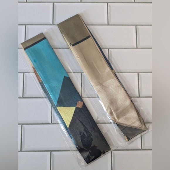 Blue/Tan Patterned Handbag Scarves- Set of 2 - Picture 2 of 4